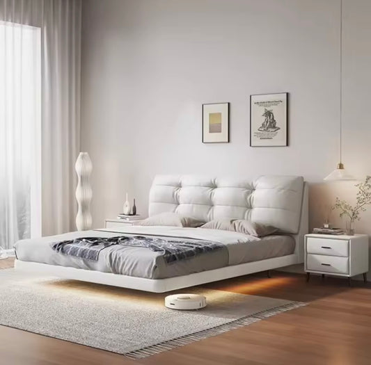 Lit Double suspendu de luxe 180x200cm, King Size, Style crème, cadre souple en bois massif avec lampe, meubles de chambre à coucher Double Queen