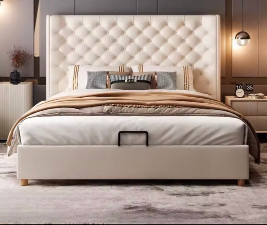 Lit double rétro 200x220cm, cadre de luxe avec tête de lit en cuir composite, lit pour 2 personnes, 3 tiroirs de rangement, meubles de chambre à coucher